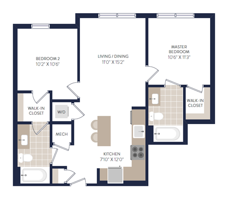 Floor plan for 2 beds, 2 baths, 780 sqft
